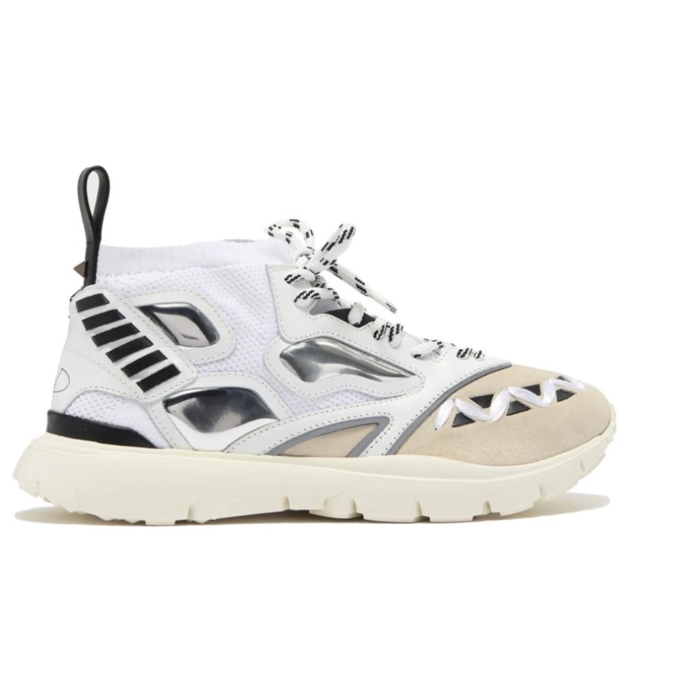 Valentino Geo Design Leather Overlay Mesh Sneaker - Black & White